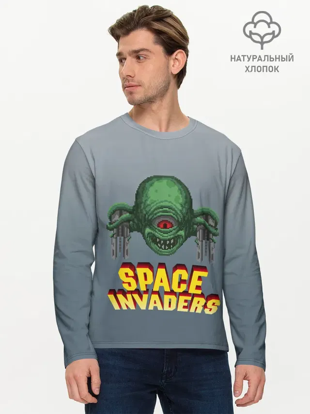 Мужской лонгслив базовый с принтом «Space Invaders — Old game»