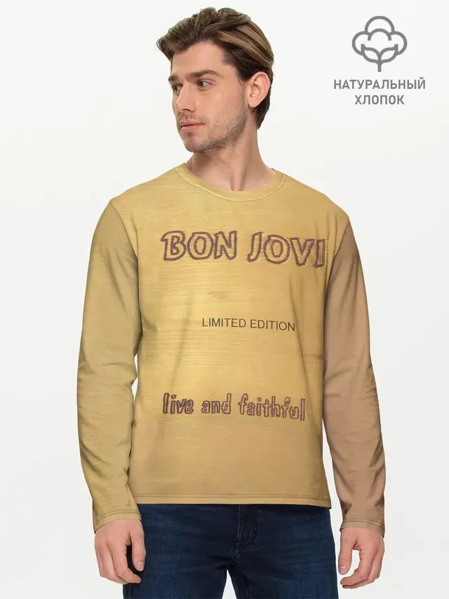 Мужской лонгслив базовый с принтом «Bon Jovi — Live and Faithful - Bon Jovi»