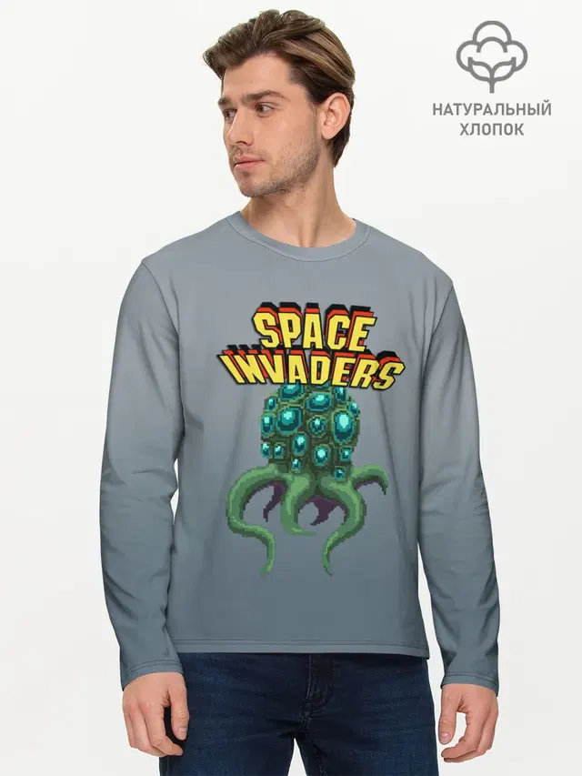 Мужской лонгслив базовый с принтом «Space Invaders — Old game»