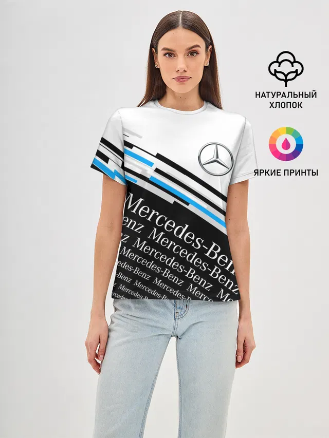 Женская базовая футболка с принтом «Merсedes — MERCEDES-BENZ — МЕРСЕДЕС-БЕНЗ — BLUE»
