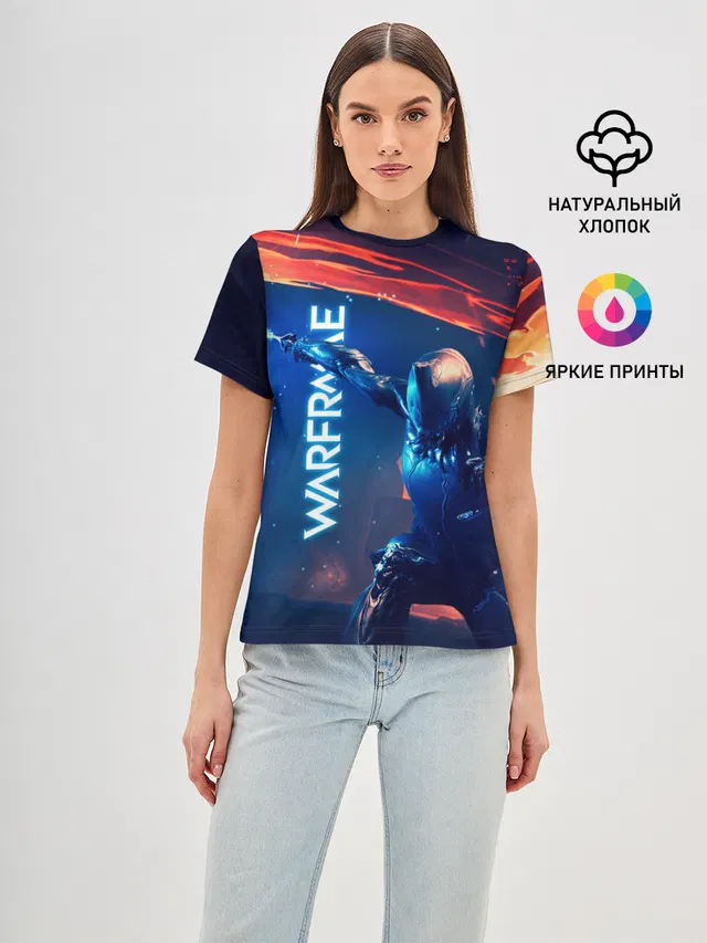Женская базовая футболка с принтом «Waframe Neon Katana Fire»