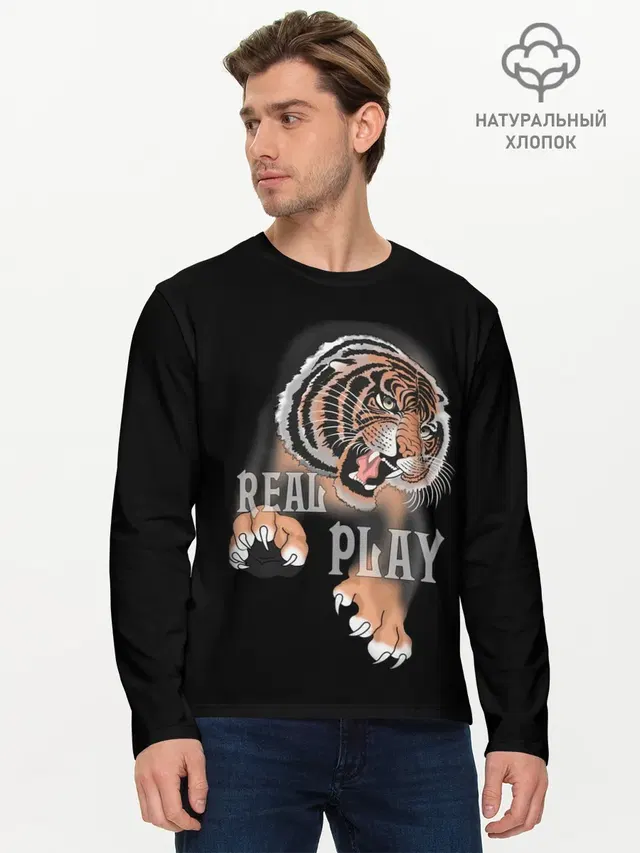 Мужской лонгслив базовый с принтом «Real Play»