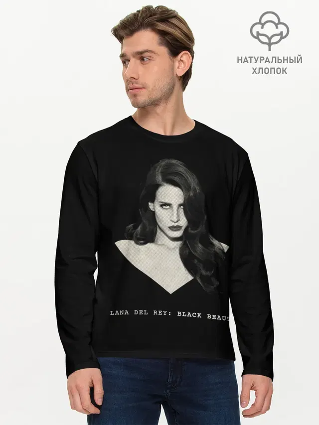 Мужской лонгслив базовый с принтом «Lana Del Rey — Black beauty»