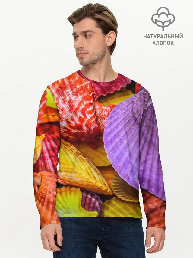 Мужской лонгслив базовый с принтом «Природа — Разноцветные ракушки multicolored seashells»