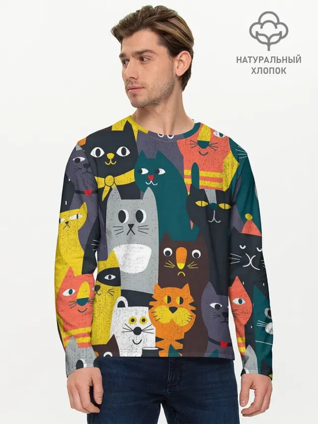 Мужской лонгслив базовый с принтом «Коты и кошки — крутые коты»