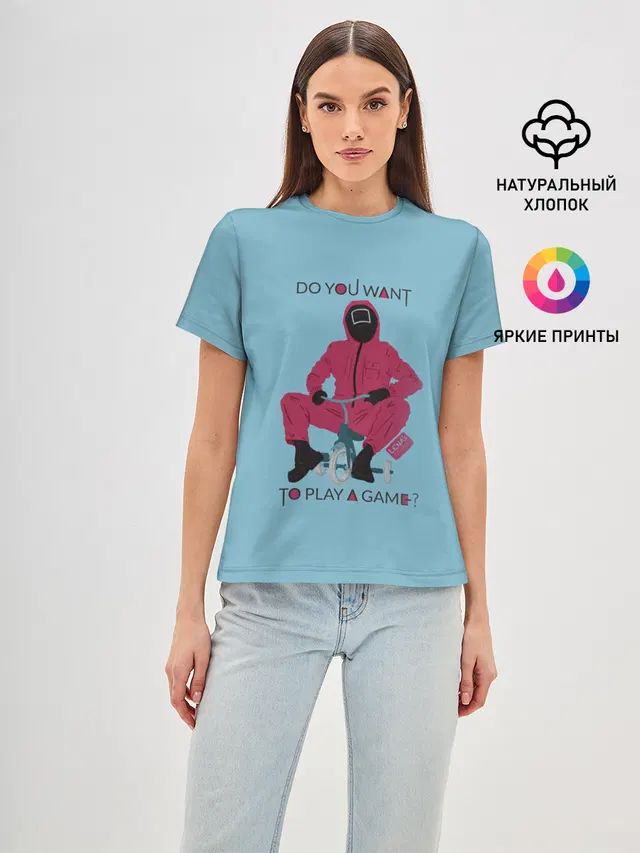 Женская базовая футболка с принтом «Игра в кальмара — ИГРА В КАЛЬМАРА DO YOU WANT TO PLAY A GAME?»