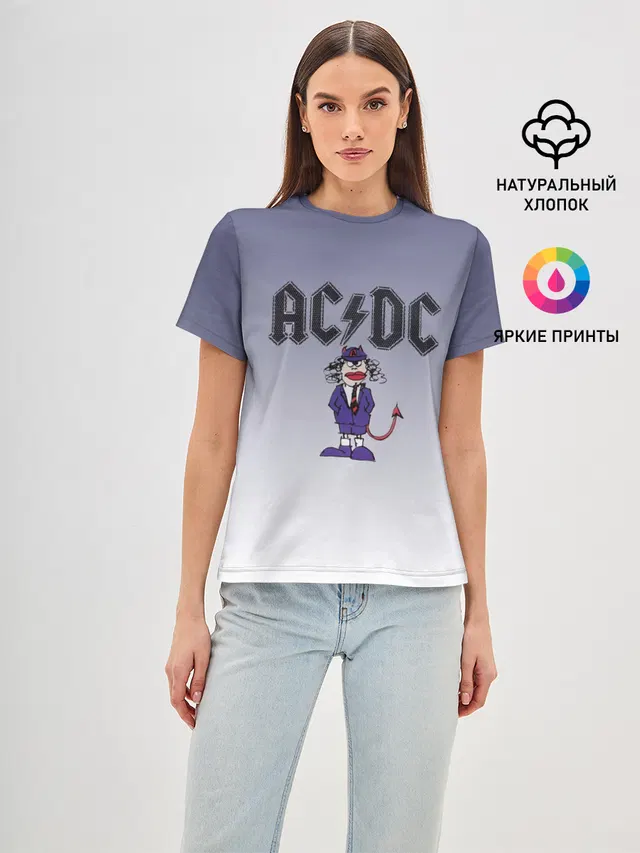 Женская базовая футболка с принтом «AC/DC — Ангус Янг чертик AC/DC»