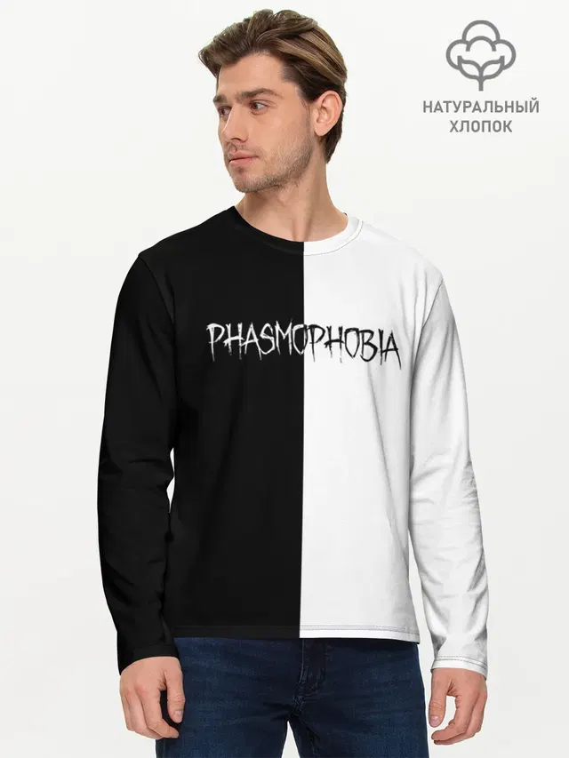 Мужской лонгслив базовый с принтом «Phasmophobia logo ч — Phasmophobia logo ч/б»