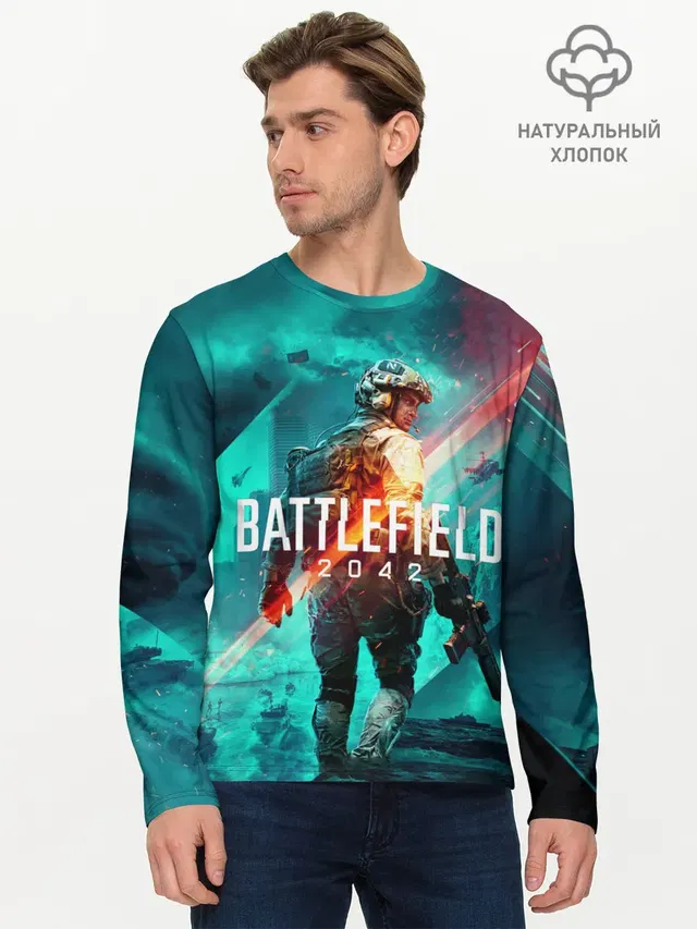 Мужской лонгслив базовый с принтом «BATTLEFIELD — Battlefield 2042 игровой арт»
