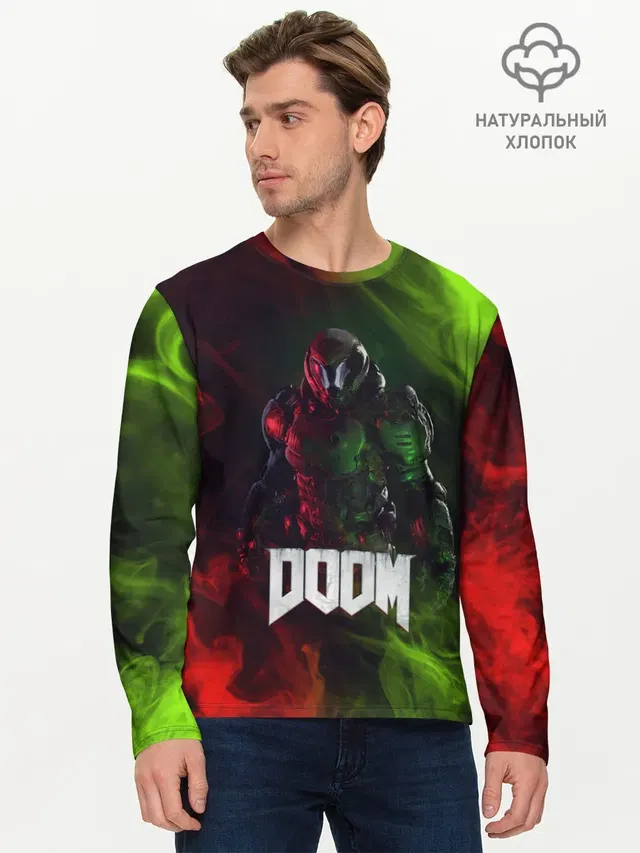 Мужской лонгслив базовый с принтом «Дум — Doomguy»