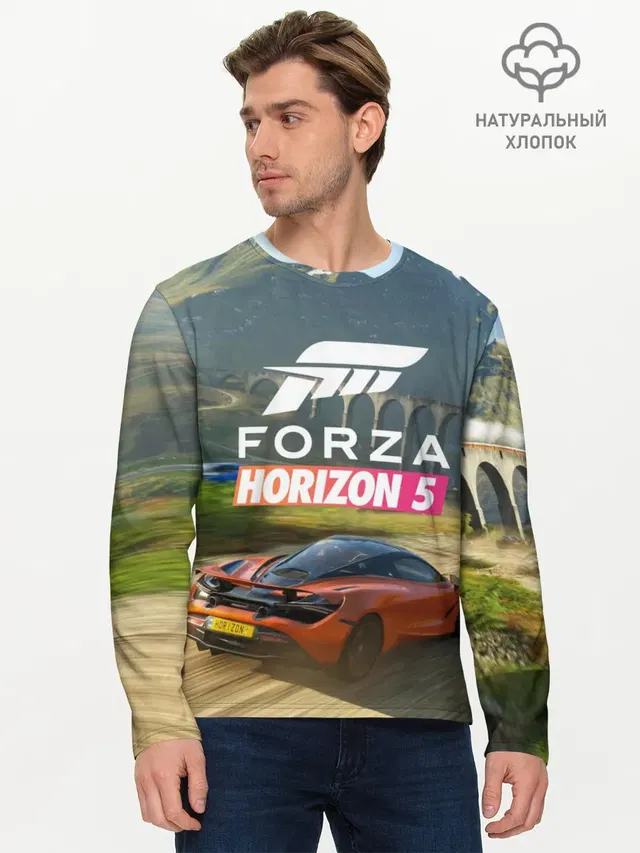 Мужской лонгслив базовый с принтом «Forza Horizon — Forza Horizon 5, игра»