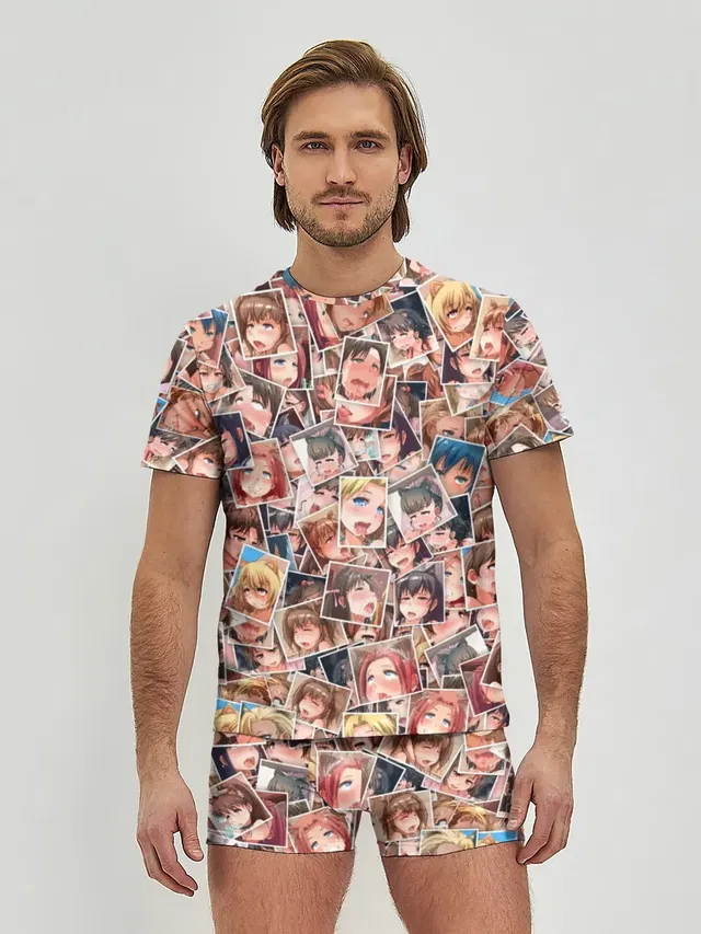 Мужские трусы с футболкой с принтом «Ahegao — Ahegao faces fhoto»