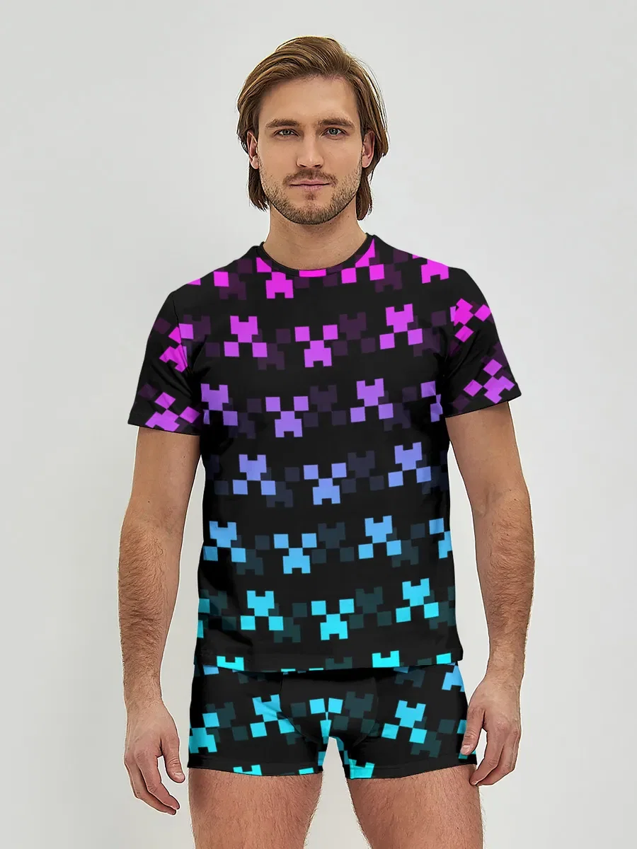 Мужской хлопковый комплект «Minecraft Creeper Neon» — принт крупно
