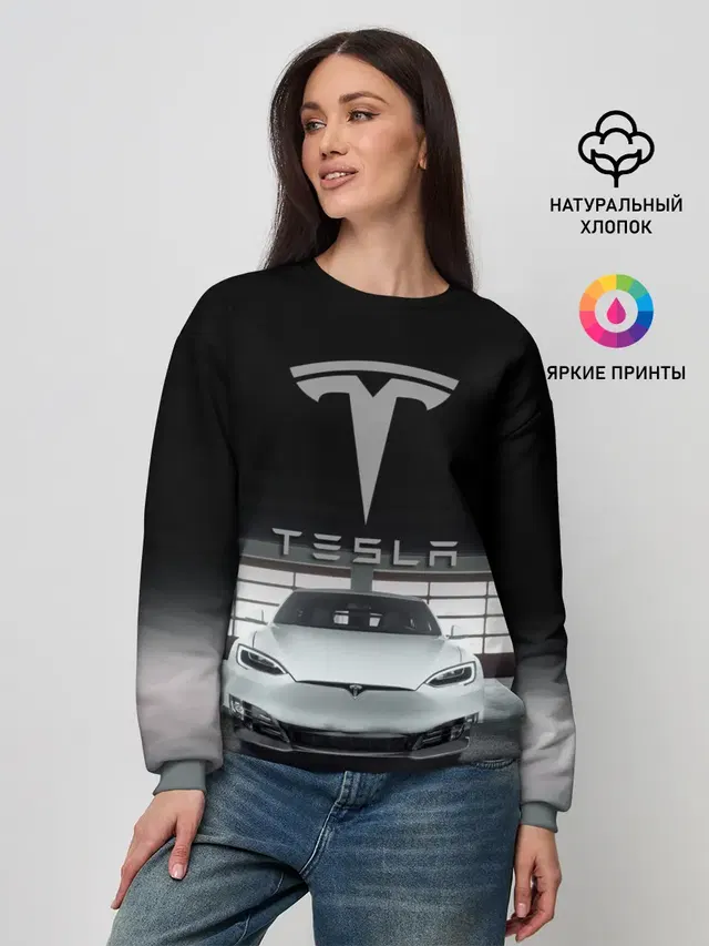 Женский свитшот с принтом «Разные автомобильные — TESLA»