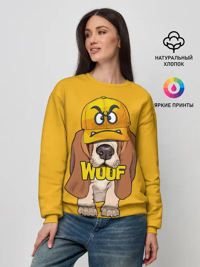 Женский свитшот с принтом «Бассет-хаунд — Woof»