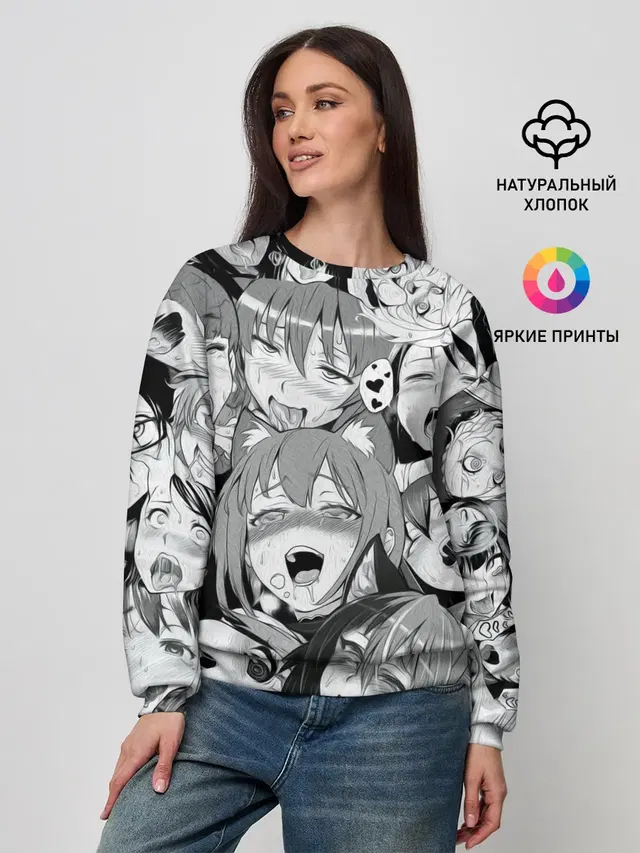 Женский свитшот с принтом «Ahegao — AHEGAO monochrome»