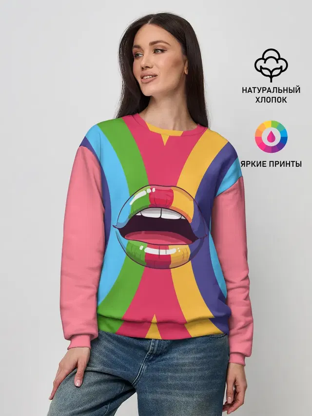 Женский свитшот с принтом «Губы — Радужные губы — Rainbow lips»