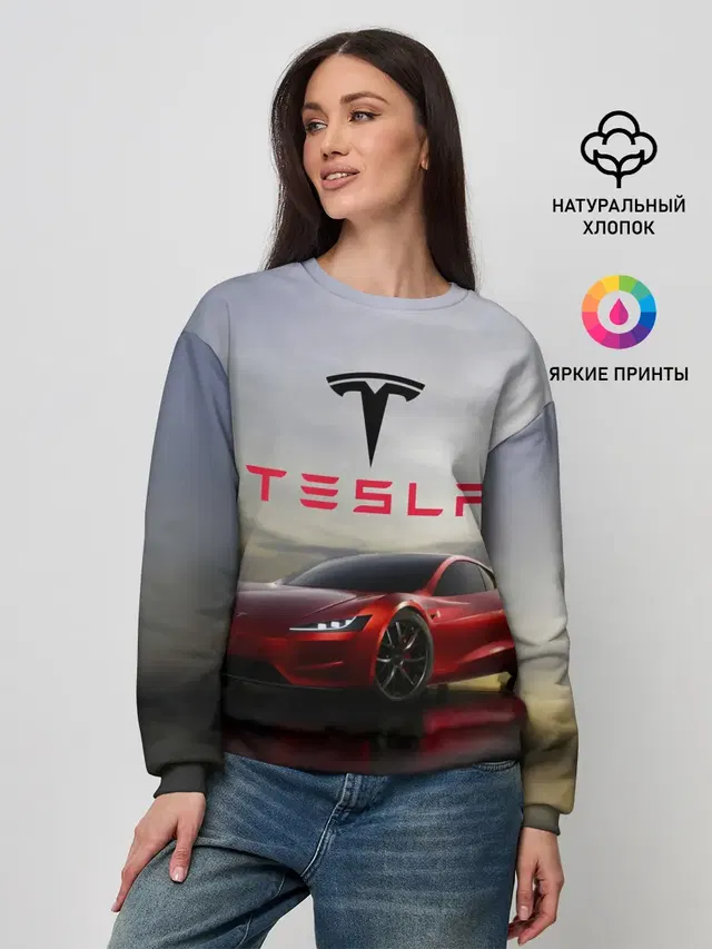 Женский свитшот с принтом «Tesla — Tesla Roadster»