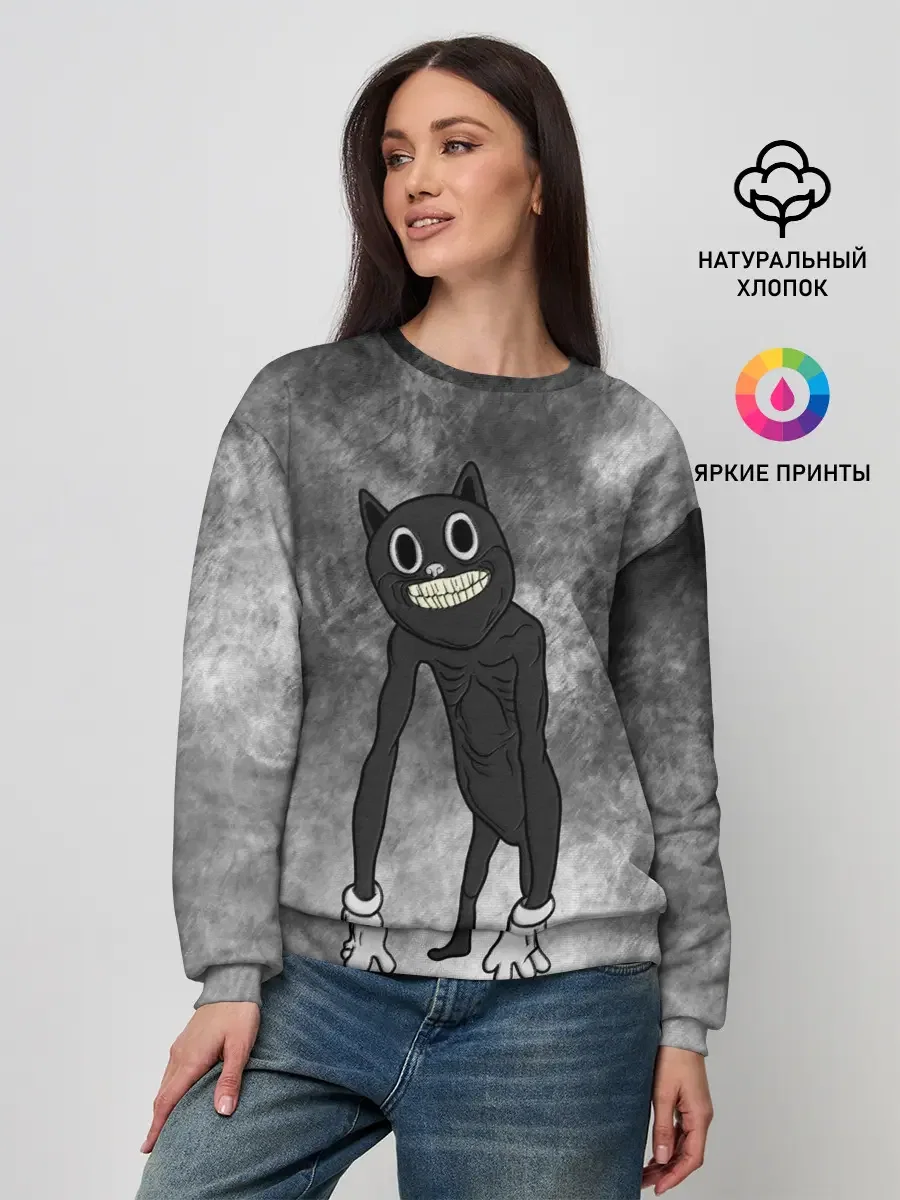 хлопковый свитшот «Cartoon cat» — мерч купить — принт крупно