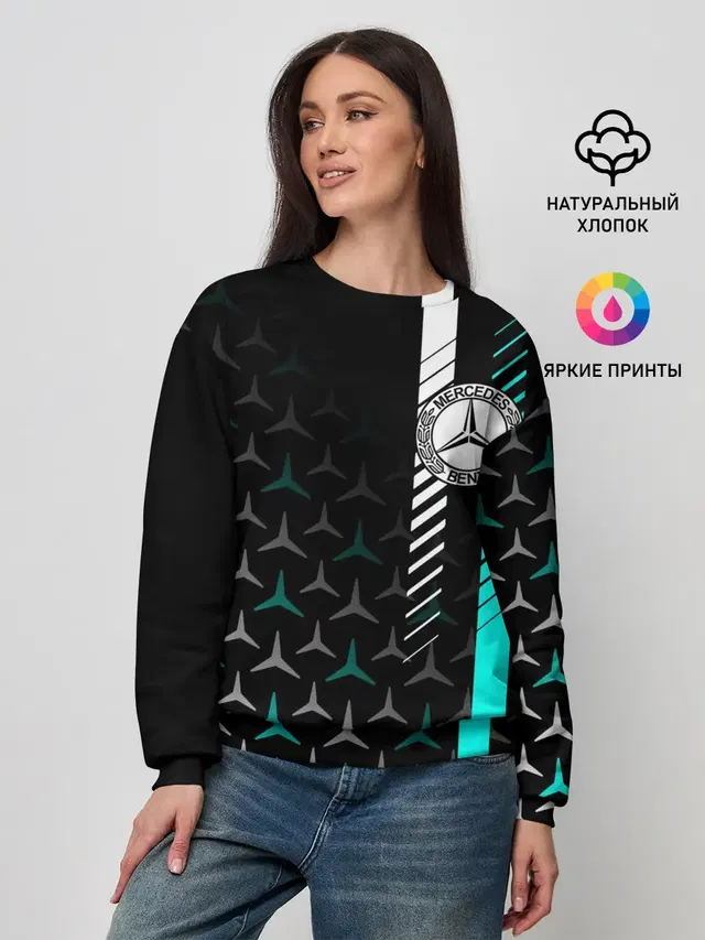 Женский свитшот с принтом «Merсedes — МЕРСЕДЕС — AQUA BLACK GRADIENT»