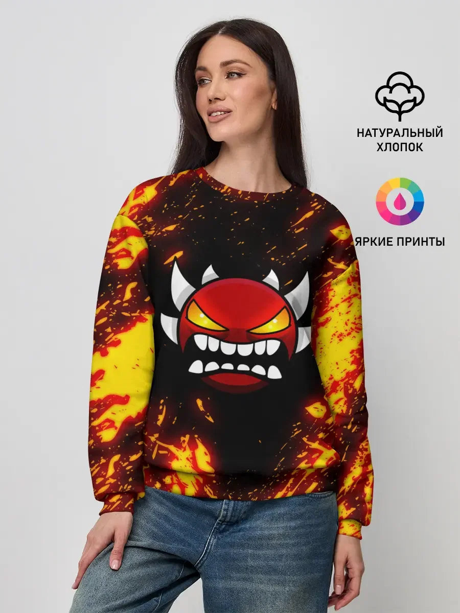 Женский хлопковый свитшот «Geometry Dash Demon» — принт крупно