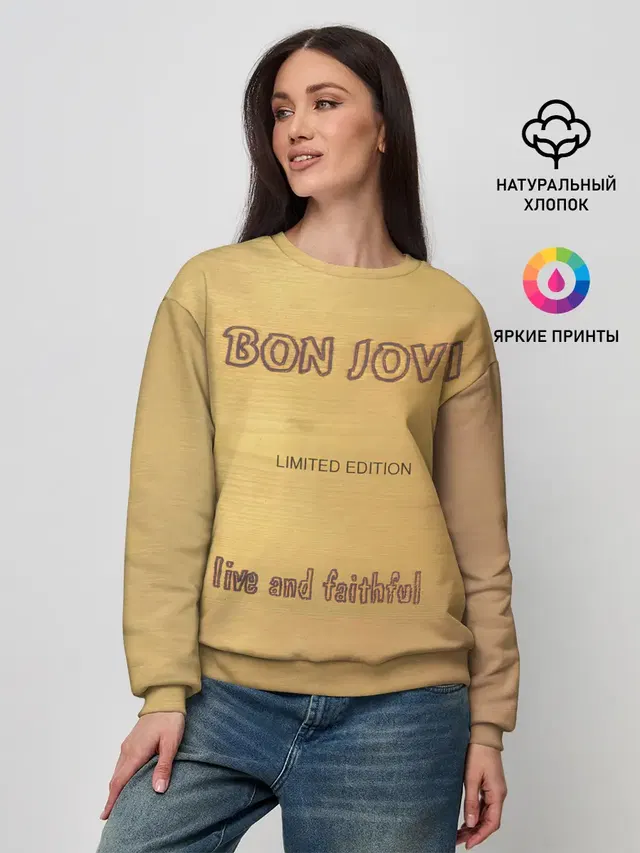 Женский свитшот с принтом «Bon Jovi — Live and Faithful - Bon Jovi»