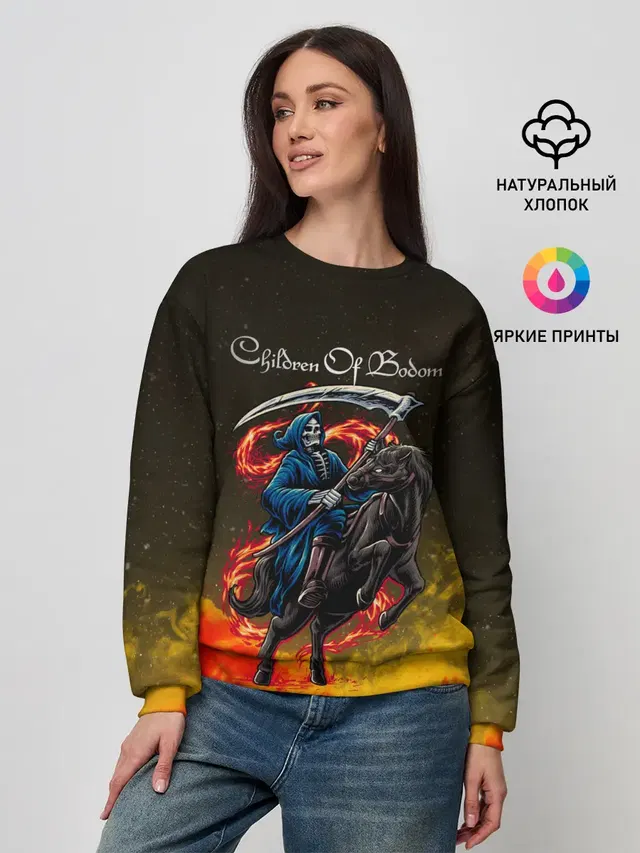 Женский свитшот с принтом «Children of Bodom — Skeleton on a horse»