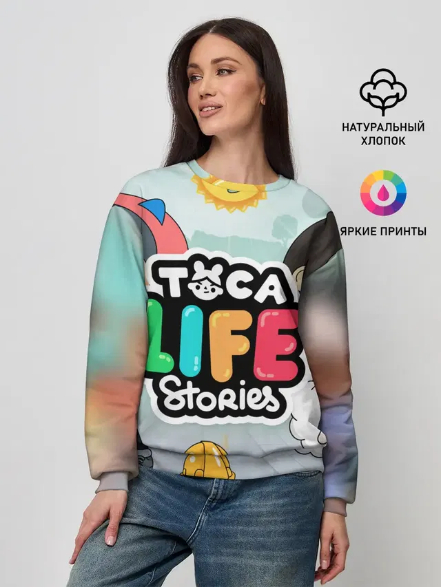 Женский свитшот с принтом «Toca Boca — TOCA BOCA STORIES, ТВОЯ ИСТОРИЯ»
