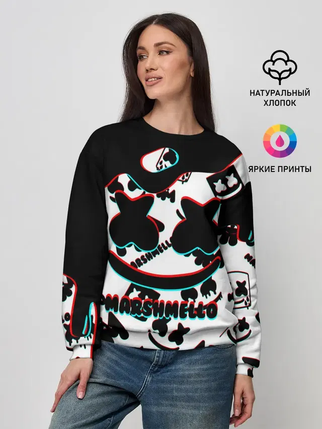 Женский свитшот с принтом «Marshmello — MARSHMELLO GLITCH.»