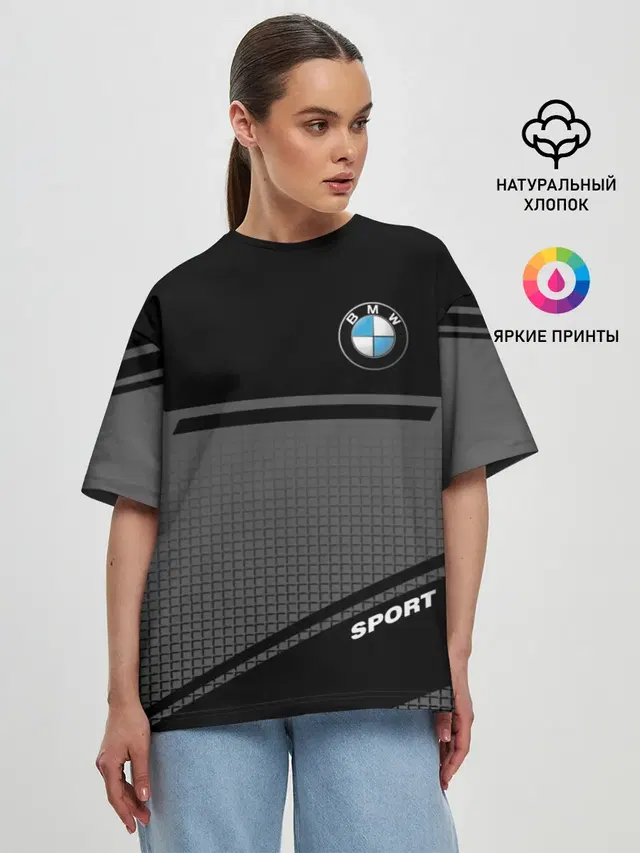 Женская футболка оверсайз с принтом «BMW — BMW SPORT — БМВ СПОРТ»