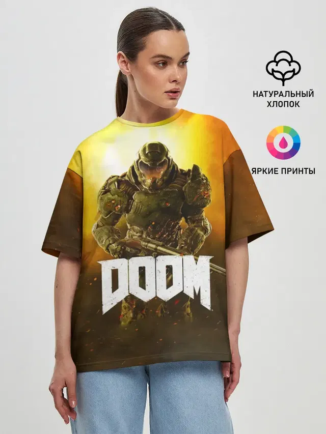 Женская футболка оверсайз с принтом «Дум — DOOM 2016»