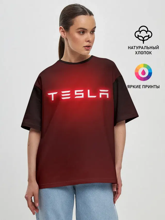 Женская футболка оверсайз с принтом «Tesla»