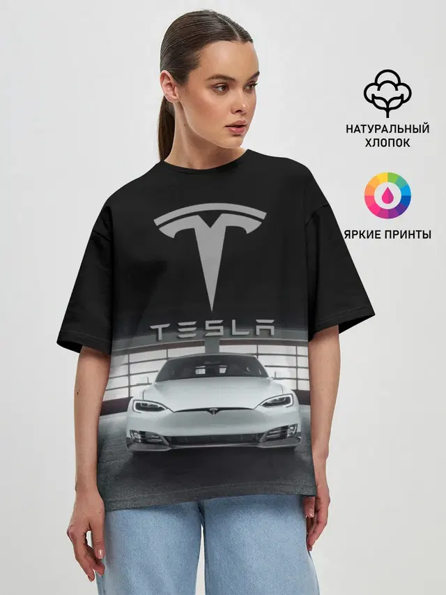 Женская футболка оверсайз с принтом «Разные автомобильные — TESLA»