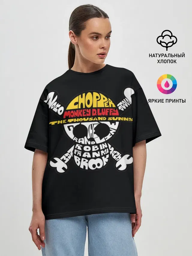 Женская футболка оверсайз с принтом «Ван Пис — One piece words флаг»