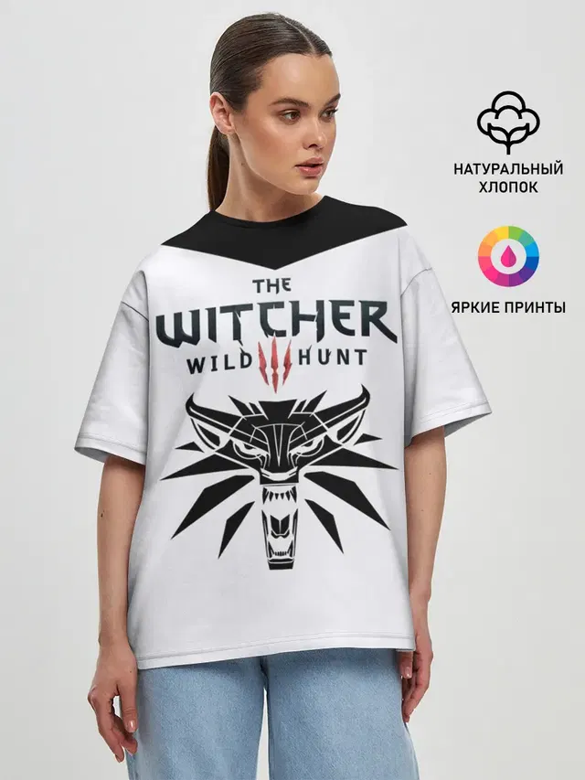 Женская футболка оверсайз с принтом «Wolf School Medallion — THE WITCHER 3: WILD HUNT»