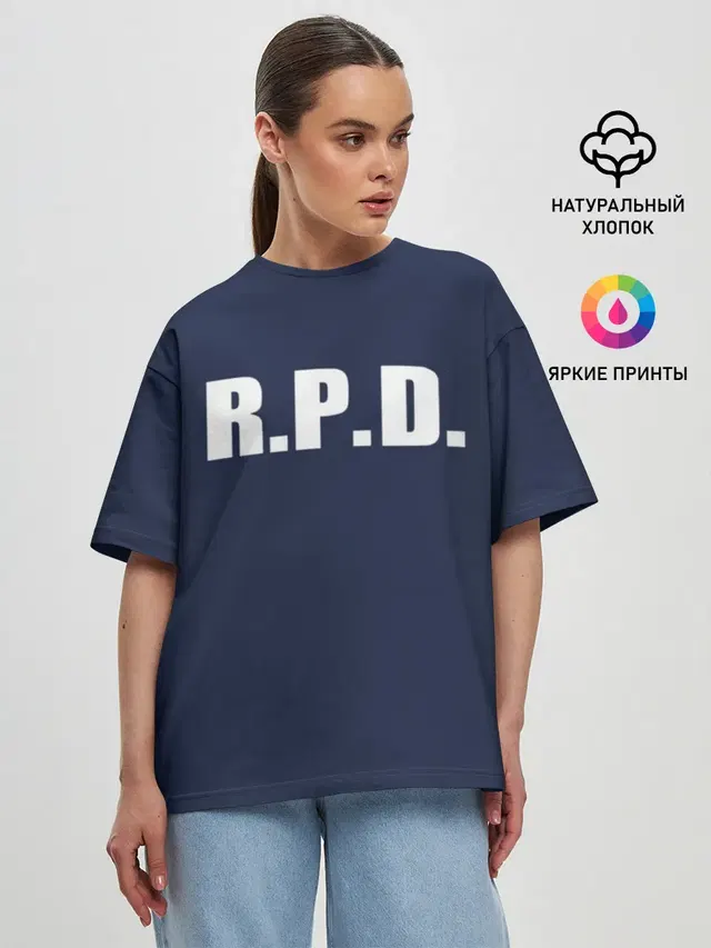 Женская футболка оверсайз с принтом «Raccoon Police Department — R.P.D. LEON S.KENNEDY»