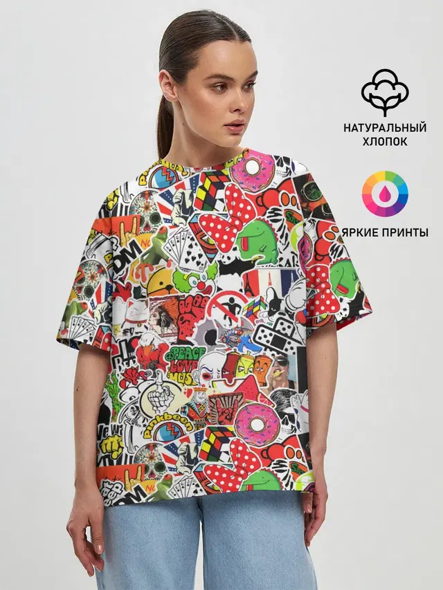 Женская футболка оверсайз с принтом «Кубик Рубика — Sticker Bombing»