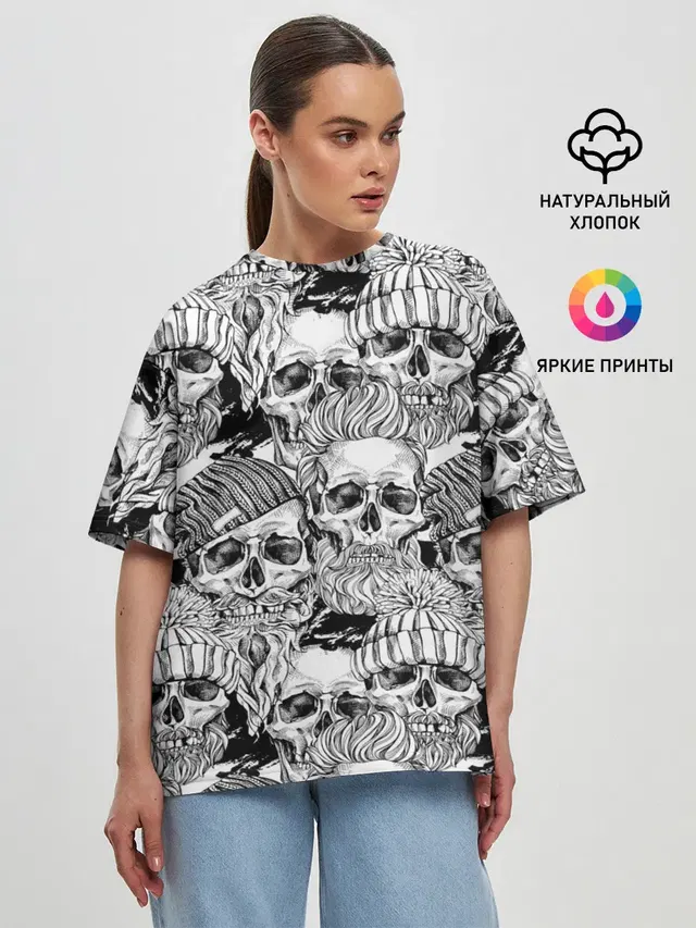 Женская футболка оверсайз с принтом «Черепа — Human skulls»