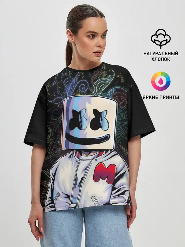 Женская футболка оверсайз с принтом «Marshmello — M»