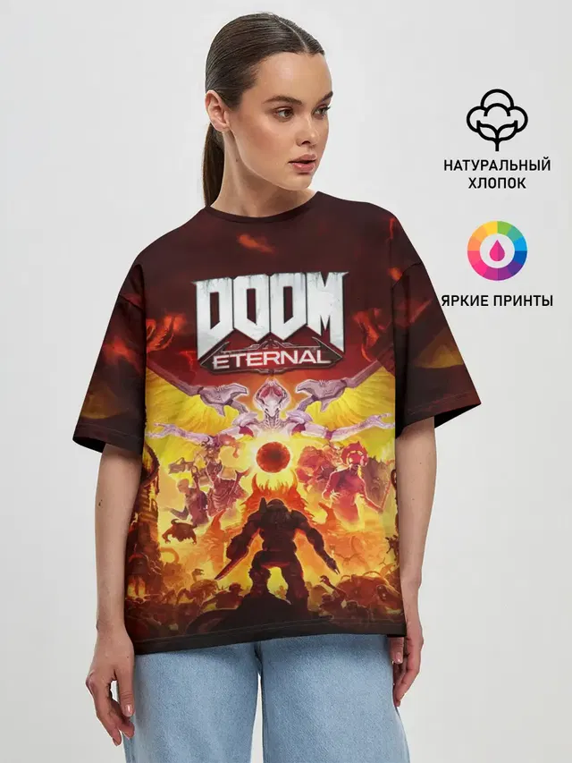 Женская футболка оверсайз с принтом «Дум — DOOM Eternal»