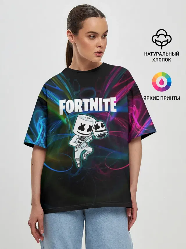 Женская футболка оверсайз с принтом «Фортнайт — Fortnite x Marshmallow.»
