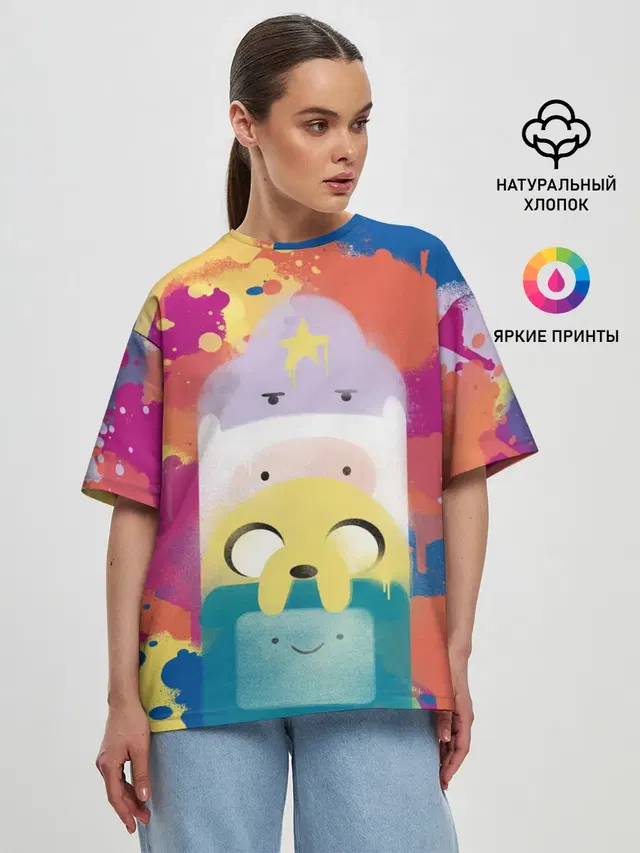 Женская футболка оверсайз с принтом «Время приключений — Adventure Time»