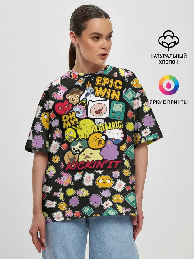 Женская футболка оверсайз с принтом «Время приключений — Adventure Time stickers»