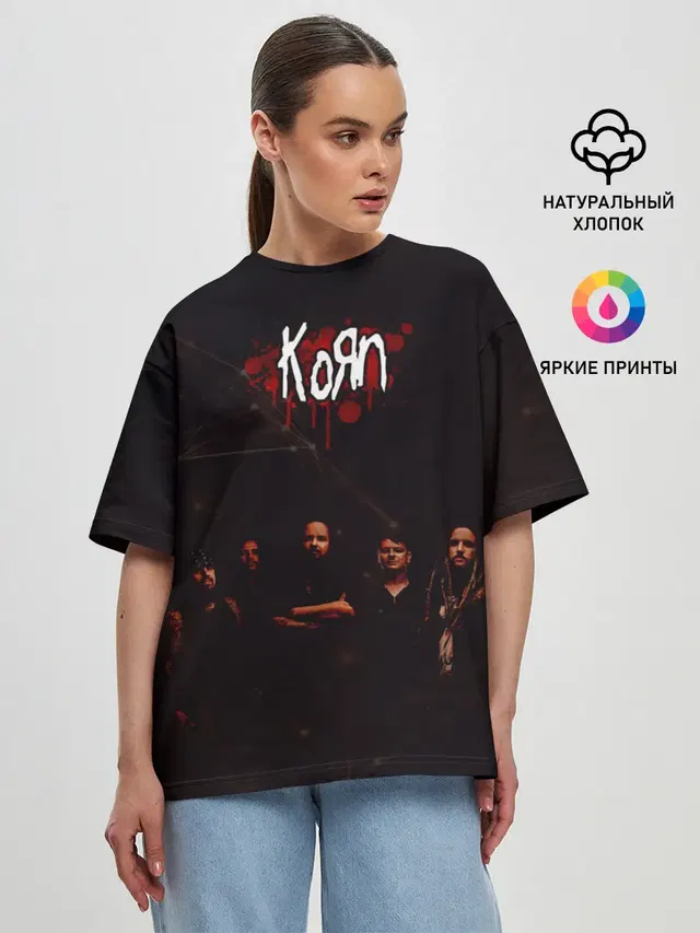 Женская футболка оверсайз с принтом «KoЯn — Korn»