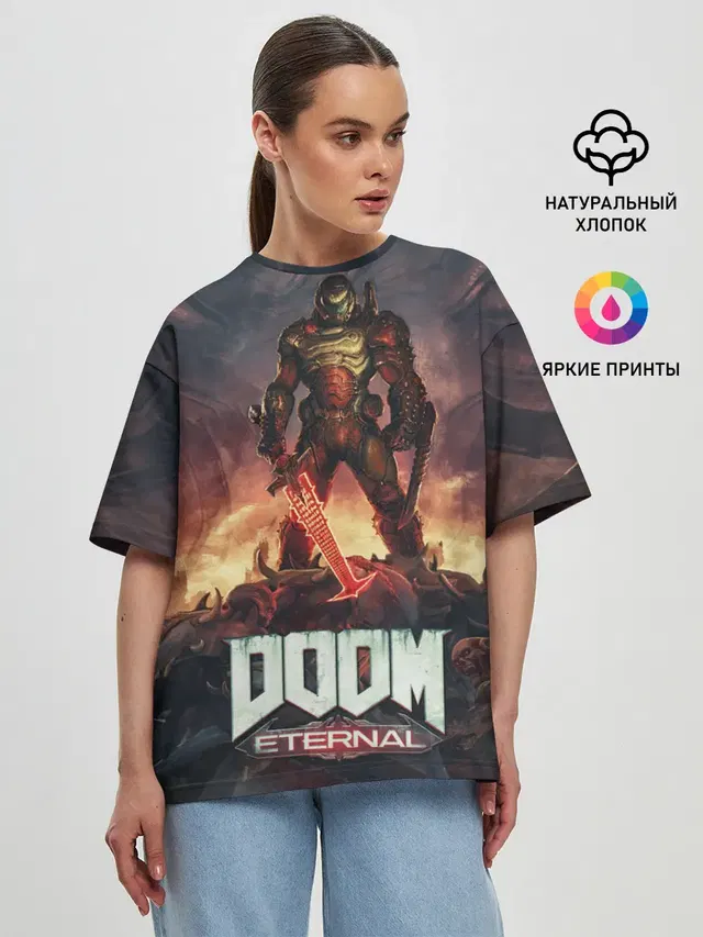 Женская футболка оверсайз с принтом «Дум — DOOM ETERNAL»