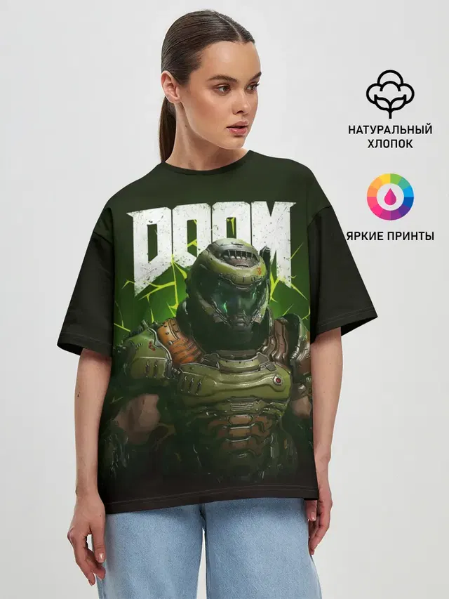 Женская футболка оверсайз с принтом «Дум — Doom Eternal»