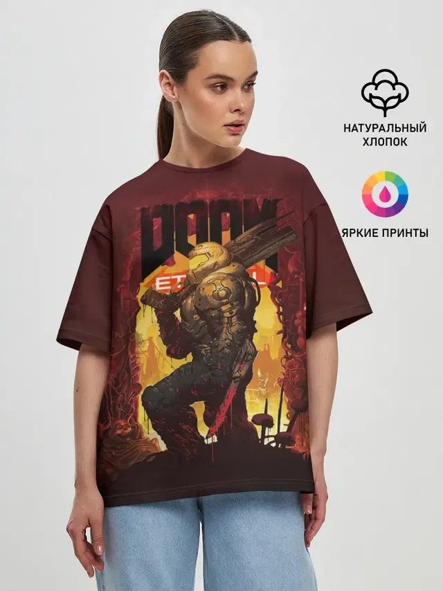 Женская футболка оверсайз с принтом «Дум — Doom Eternal»
