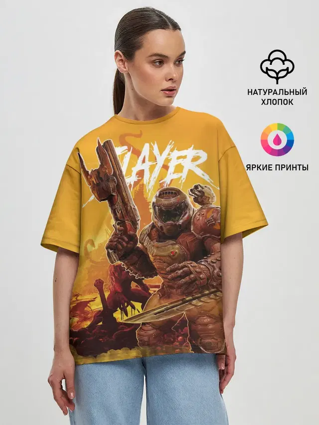 Женская футболка оверсайз с принтом «Дум — Doom Slayer»