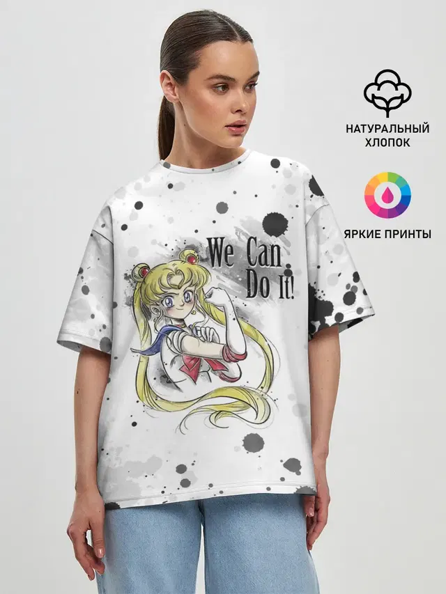 Женская футболка оверсайз с принтом «Sailor Moon — Sailor Moon. We can do it!»