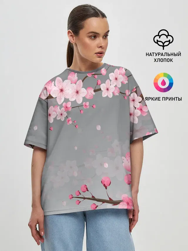 Женская футболка оверсайз с принтом «Цветы — САКУРА — SAKURA»